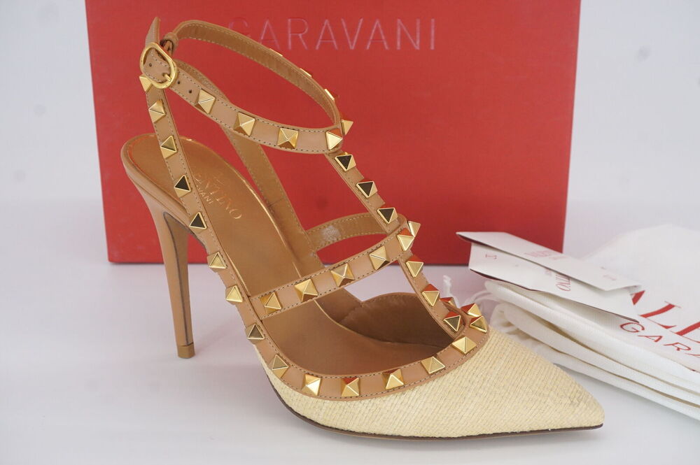 Valentino Rockstud Raffia Ankle Strap Pumps T-Strap Pointed SZ 36.5 NIB $1095
